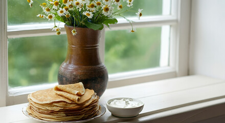 Stack of pancakes served with a bowl of sour cream next to a vase of fresh flowers by a window, creating a cozy breakfast scene