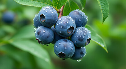 Close-up of ripe blueberries covered in water droplets, hanging on a branch surrounded by lush green leaves
