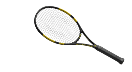 Modern black tennis racquet with yellow accents isolated on black for sports photography isolated on transparent background