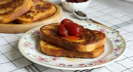 Delicious French toast topped with fresh strawberries and syrup on a floral plate, creating an inviting breakfast scene