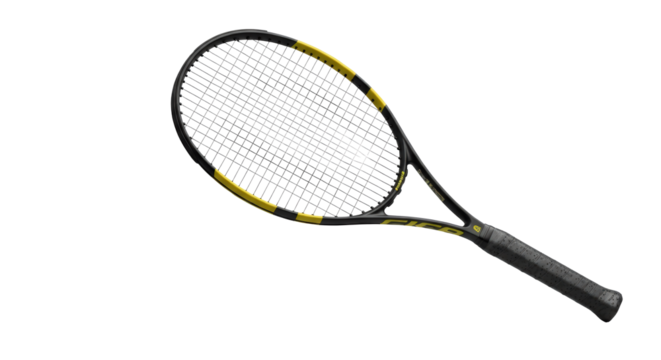 Modern black tennis racquet with yellow accents isolated on black for sports photography isolated on transparent background