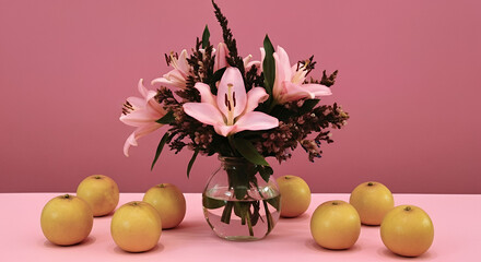 Flower bouquet with pink lilies and yellow apples on a pastel background