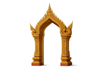 Ornate golden thai temple archway featuring traditional architectural details on a transparent background