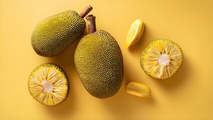 Durian fruits with spiky green shells, whole and halved to reveal yellow flesh on a yellow background. Concept Durian fruit, Spiky green shell, Whole and halved, Yellow flesh, Yellow background