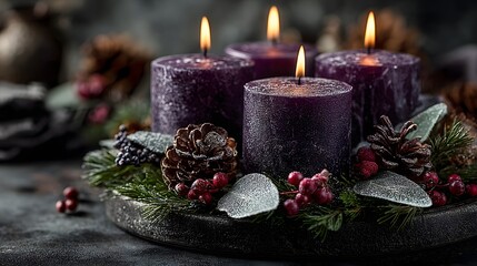 Beautiful Advent wreath with four glowing purple candles. It is nestled in fresh pine branches, red berries, and frosted pinecones on a rustic grey tabletop.