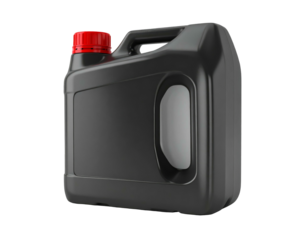 Black plastic container with red cap and handle, side view, against black background