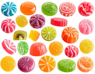 Assortment of vibrant, translucent hard candies and fruit jellies on a black background