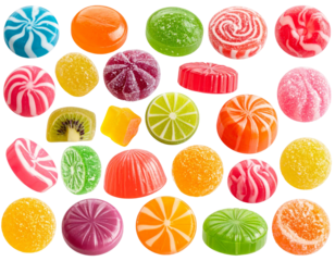 Assortment of vibrant, translucent hard candies and fruit jellies on a black background