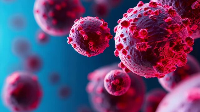 This detailed close-up image showcases vibrant viruses against a blue background, highlighting their complex structure and significance in biological research and health.