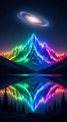 Vibrant Neon Mountains Reflecting in Lake Under a Galactic Sky.