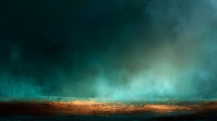 Dark, hazy atmosphere illuminates a textured surface with warm and cool tones.