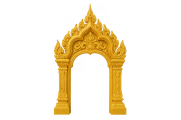 Ornate golden archway featuring traditional thai carvings and architectural details, perfect for cultural or religious themes on transparent background