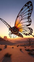 Mechanical Butterfly Soaring Above Desert Landscape at Sunset.