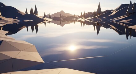 Low Poly Landscape with Reflective Lake and Sunset.