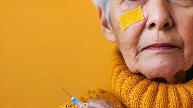 An elderly woman with a patch on her face wears a cozy sweater against a vibrant yellow background. Her thoughtful expression embodies resilience and grace in aging.