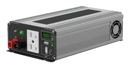 Fototapeta premium Modern power inverter with usb ports and digital display for solar and battery systems isolated on transparent background