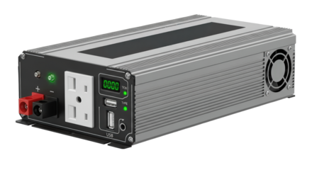 Modern power inverter with usb ports and digital display for solar and battery systems isolated on transparent background