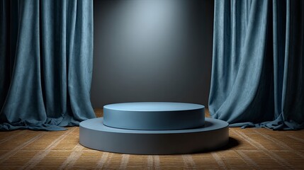 Minimalist Stage with Gray Circular Platform and Blue Velvet Curtains in Studio Setting