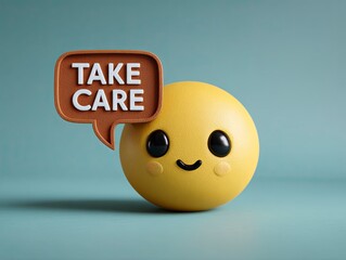 Cute Yellow Smiley Face Toy with Speech Bubble Saying Take Care in Bright Minimalist Scene