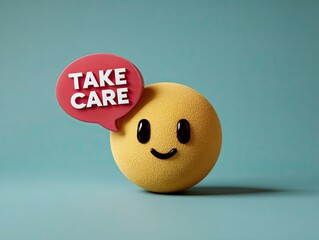 Cute Smiley Face Emoji with Speech Bubble Saying Take Care in Bright Studio Setting