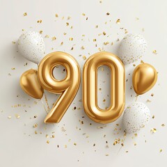 Golden Number 90 Balloons and Confetti Celebration with White Background