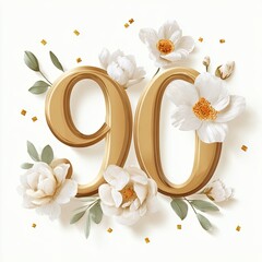 Elegant Golden Ninety Celebration Number with White Flowers and Gold Confetti on White Background