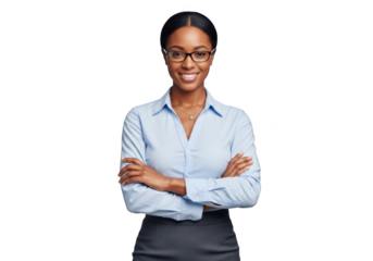 Professional african american businesswoman with glasses and arms crossed png image for design and marketing, stock photo isolated on transparent background