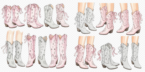 Collection of whimsical pink and grey cowboy boots with ribbons, featuring various styles and heights, some with legs.
