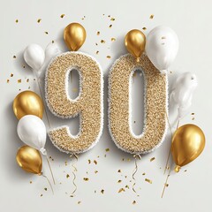 Celebration Number Ninety in Gold and White Balloons with Confetti for Ninety Year Anniversary