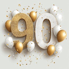 Celebration Number Ninety with Gold and White Balloons and Confetti
