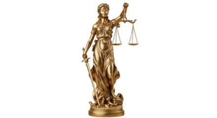 Golden statue of lady justice holding scales and sword symbolizing law and justice isolated on transparent background