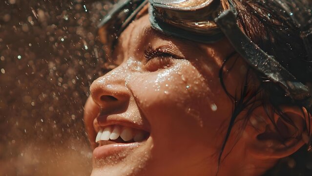 Close-up of a smiling woman with wet skin and swimming goggles on her forehead, water droplets splashing around. Concept Close-up portrait, Smiling woman, Wet skin, Swimming goggles on forehead