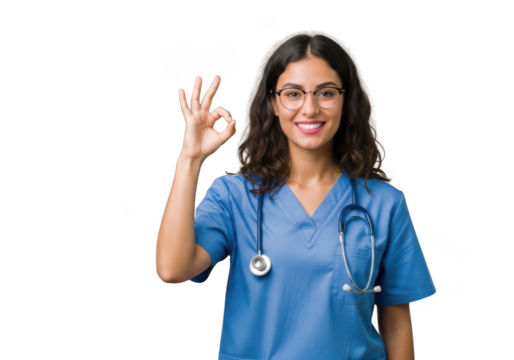 Smiling female doctor nurse in blue scrubs making ok sign stock photo png image, healthcare professional isolated on transparent background - Powered by Adobe