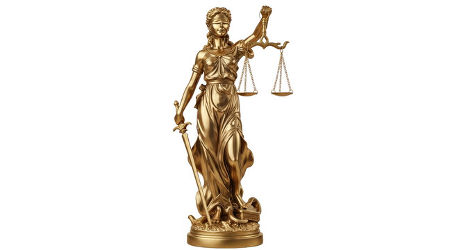 Golden statue of lady justice holding scales and sword symbolizing law and justice isolated on transparent background