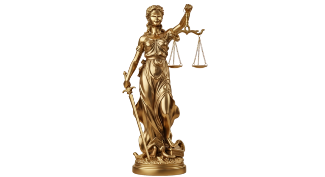 Golden statue of lady justice holding scales and sword symbolizing law and justice isolated on transparent background