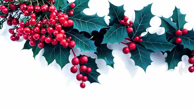A vibrant arrangement of holly leaves and red berries set against a pristine white background, perfect for holiday decorations, cards, or seasonal themes.