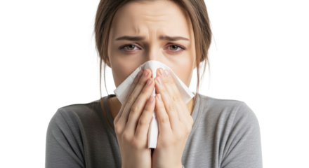 Young woman blowing nose with tissue feeling sick or allergic with sad expression isolated on transparent background