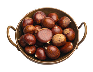 Obraz premium Overhead view of a bronze bowl filled with roasted, glossy brown nuts against black