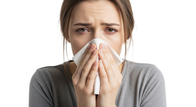 Young woman blowing nose with tissue feeling sick or allergic with sad expression isolated on transparent background - Powered by Adobe