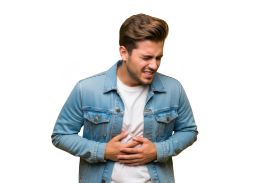 Man suffering from stomach pain, holding abdomen in discomfort, wearing denim jacket isolated on transparent background