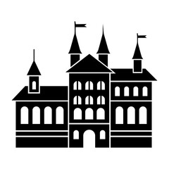 Obraz premium Flat Black Castle Icon with Towers, Flags, and Arched Windows