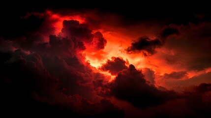 Naklejka premium Dramatic fiery red clouds glow intensely against dark sky.
