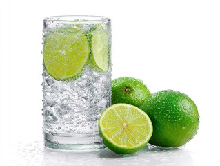 Fresh Lime Water with Ice in Clear Glass and Whole Limes on White Background