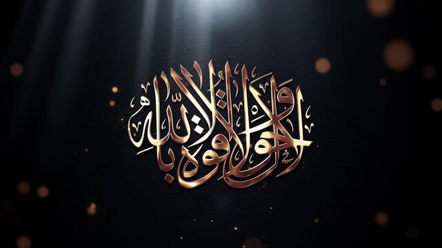 La hawla wa la quwwata illa billah Arabic Calligraphy Golden Scenic View with Ornamental Islamic Art, Arabic Typography Design, Islamic ornaments, fine Arabic design elements glowing golden scenery