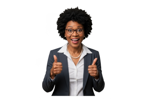 Enthusiastic african american businesswoman giving thumbs up gesture with glasses, pearl necklace, and suit isolated on transparent background