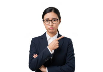 Disappointed businesswoman in suit pointing sideways with a sad expression, wearing glasses, isolated on transparent background