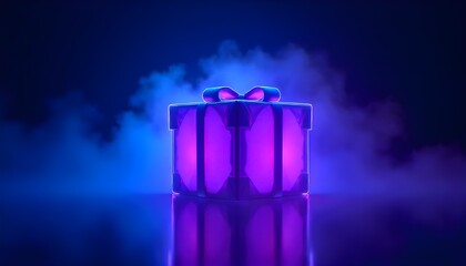 A futuristic neon gift box glowing with pink and blue lights in a dark smokey environment.