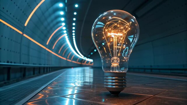 Stunning light bulb concept in a futuristic tunnel with glowing lights and reflections