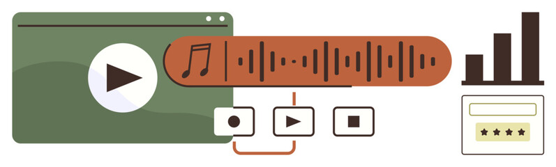 Media player interface with play button, audio waveform, playback controls, chart bars, and rating box. Ideal for media, technology, data streaming analytics music content. Simple flat metaphor