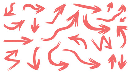 A set of red vector arrows drawn by hand. The icons are pointers pointing in different directions: up, down, left, right, curved. Ideal for annotations, infographics, and presentations.